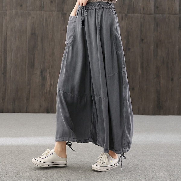 High Rise Wide Leg Cotton Jeans - Drawstring elastic waistband design with large pocket pants