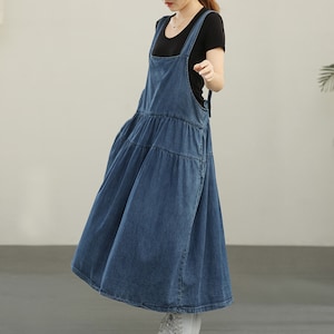 Robe d'été ample en jean pour femme, robe en jean rétro, robe en jean à bretelles pour femme en jean des années 80, robe en jean dans l'ensemble, robe en jean ample, robe en jean bleue