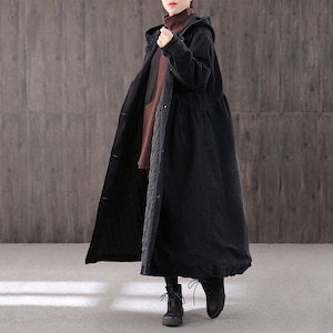 Vintage art ladies casual cotton, black long hooded women's coat, large size handmade hooded trench coat, thick warm long Windbreaker