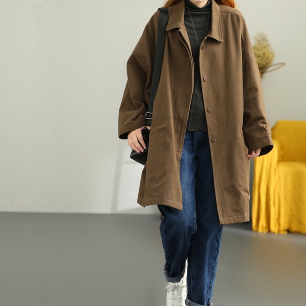 Mittellanger Damen-Trenchcoat aus Baumwolle, großer Langarmmantel, lässiger Damenmantel, großer Trenchcoat im Harajuku-Stil, Geschenk für die Frau