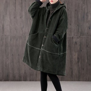 women's Winter long retro corduroy hooded casual coat, handmade large size loose coat, thick warm coat, 90S corduroy loose trench coat image 2