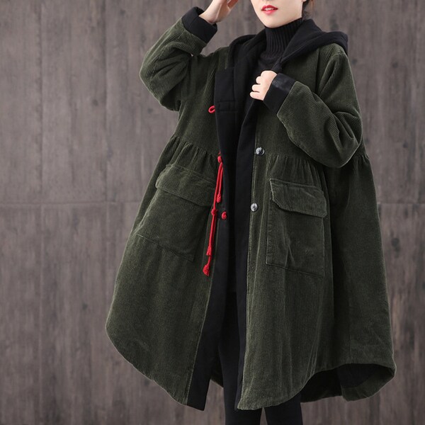 Mid-length retro winter padded warm corduroy casual coat, handmade women's hooded  green trench coat, 90s Cord buckle cotton oversized coat
