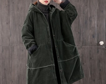 women's Winter long retro corduroy hooded casual coat, handmade large size loose coat, thick warm coat, 90S corduroy loose trench coat