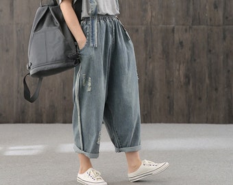 Handgemachte Denim Latzhose: Vintage Haremsjeans, Kurze Hose in Übergröße