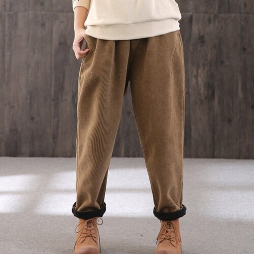 Winter warm and velvet thick corduroy casual pants,retro loose elastic waist women's pants,handmade solid color corduroy high waist trousers