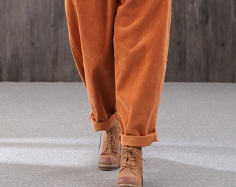 Autumn loose slacks,women's corduroy high waist pants,high waist harem pants,striped harem pants, women's belt corduroy casual pants,