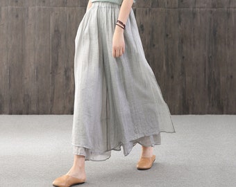 Summer Solid Color Loose Linen Elastic Waist Women's Pants, Summer Gifts for Women