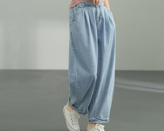 Women's jeans, straight leg jeans women, loose jeans, wide-leg casual pants, Handmade vintage jeans, solid color Loose straight-leg pants