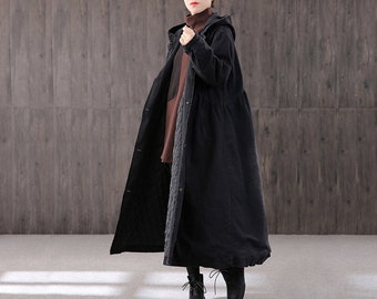 Vintage Art Damen lässige Baumwolle, schwarzer langer Damenmantel mit Kapuze, großer handgemachter Kapuzen-Trenchcoat, dicker warmer langer Windjacke