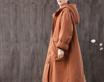 Mid Length Cotton Women's Thick Warm Hooded Oversized Winter coat, Single Breasted A-Type Retro Wide Thermal Coat, winter gift