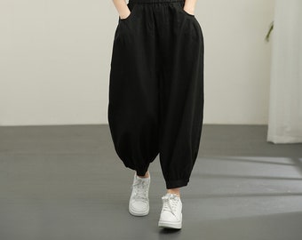Linen Harem Pants: Women's 3/4 Length Elastic Waist Summer Trousers