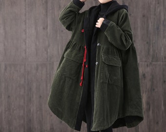 Manteau décontracté en velours côtelé chaud et rétro d'hiver mi-long, trench-coat vert à capuche pour femmes fait main, manteau oversize en coton à boucle cordon des années 90