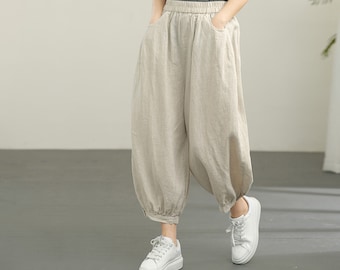 Linen Harem Pants: Elastic Waist 3/4 Length Summer Trousers