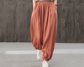 Ladies Loose Casual Elastic Waist Tunic, Comfortable Loose Vintage Yoga Pants, Harajuku Style Elegant Women's Pants, Tencel Trousers