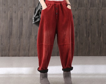 Pantalon décontracté d'hiver en velours côtelé taille haute, pantalon chaud fait main en velours côtelé, pantalon grande taille pour femme taille élastique, pantalon ample et chaud en velours côtelé