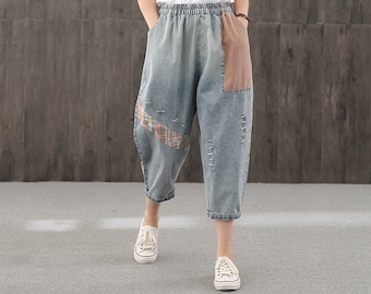 Loose cotton pants, Summer loose casual jeans,Below the knee pants,90s handmade women's jeans,blue pants,women's pants,pants for women