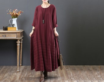 Vintage vertikal gestreiftes Rundhals-Baumwollleinen-loses Kleid, großes langärmeliges Freizeitkleid, Geschenk für Frauen, handgefertigtes Maxi-Damenkleid