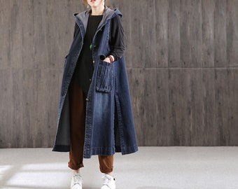 Large size sleeveless hooded coat, mid-length women's coat,single breasted loose denim coat,vintage blue hooded coat,denim trench coat,90s