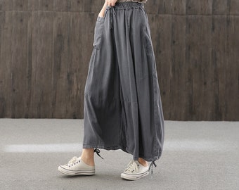 High Rise Wide Leg Cotton Jeans - Drawstring elastic waistband design with large pocket pants