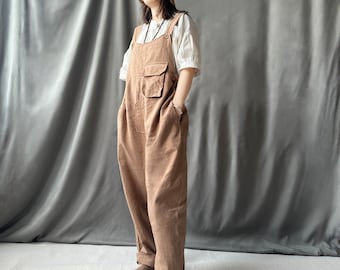 Handmade Linen Overalls: Brown large size Retro Casual Jumpsuit with Pockets