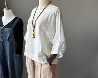 Linen tops for women half sleeves blouses loose soft casual custom oversized top summer spring linen clothing plus size clothing