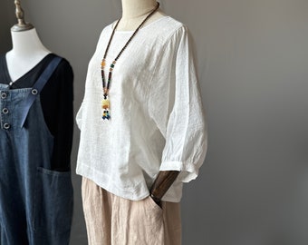 Oversized Linen Blouse: Women's Half Sleeve Top, Custom Plus Size Clothing