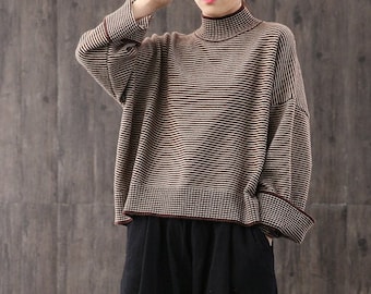 Loose high collar striped sweater,plus size top,striped sweater,stylish warm sweater,wide sleeve sweater,handmade women's brown sweater