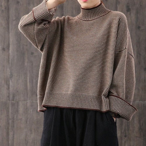 Loose high collar striped sweater,plus size top,striped sweater,stylish warm sweater,wide sleeve sweater,handmade women's brown sweater