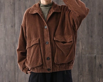 Women's loose large size casual coat,corduroy coat,women coat,corduroy loose coat,corduroy warm jacket,Brown corduroy coat,Lapel jacket