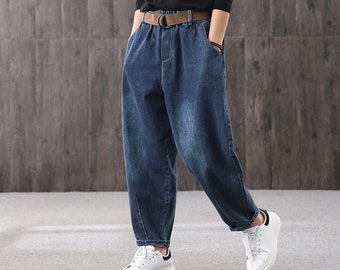 Autumn literary loose casual straight pants,tooling jeans women,high waist jeans,large size pants,denim trousers,elastic waist women's pants