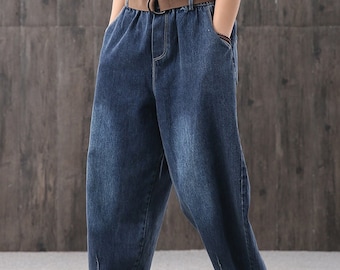 Tie Dye Denim Haremshose: Baumwollhose mit hoher Taille