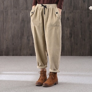 Big pocket pants,corduroy pants,vintage women's pants,elastic waist pants, large size pants,brown pants,women's casual pants,black pants