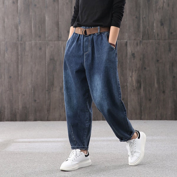 Pantalon droit décontracté ample littéraire d'automne, jeans pour femmes, jeans taille haute, pantalons grande taille, pantalons en denim, pantalons pour femmes à taille élastique