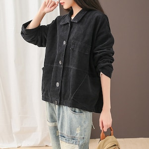 women&#39;s corduroy Slant pocket single breasted lapel collar casual jacket, Women&#39;s spring cropped corduroy jacket