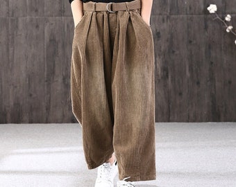 Women's winter corduroy casual pants, vintage loose corduroy straight pants,corduroy high waist ankle pants,Brown loose wide leg pants