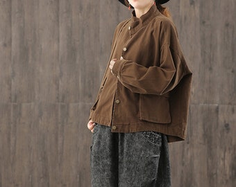 Autumn loose casual coat- retro comfortable cotton coat- woman's gift- large size casual coat-Brown loose collar coat- women's coat