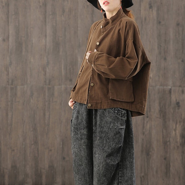 Autumn loose casual coat- retro comfortable cotton coat- woman's gift- large size casual coat-Brown loose collar coat- women's coat