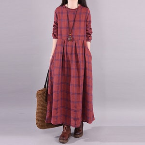 Plaid Linen Maxi Dress: Long Sleeve Autumn Winter Casual
