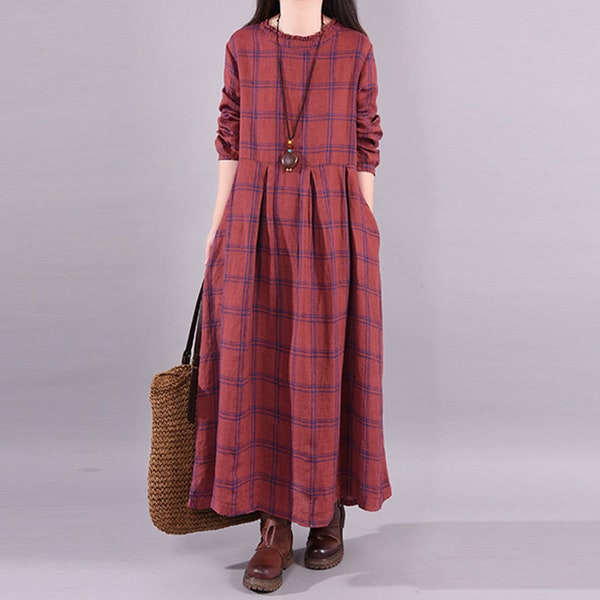 Autumn and winter loose long-sleeved casual dress,plaid printed linen dress,large size plaid dress,mid-length round neck dress,maxi dress