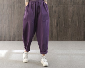 Spring high waist loose casual pants,black large size elastic waist pants,women casual pants,purple plus size casual pants,loose women pants