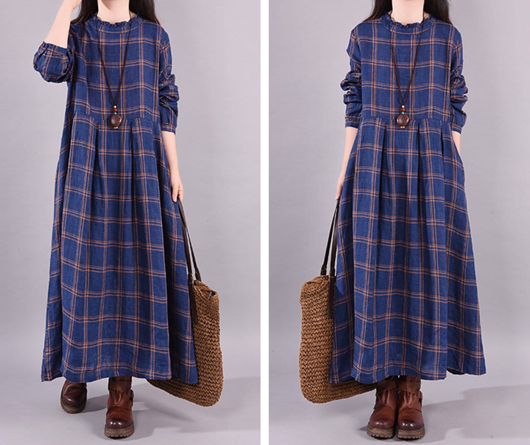Supnier Women's Oversized Plaid Maxi Dress – Long Sleeve Loose Fit For Fall & Winter (Red Grid, XXL)