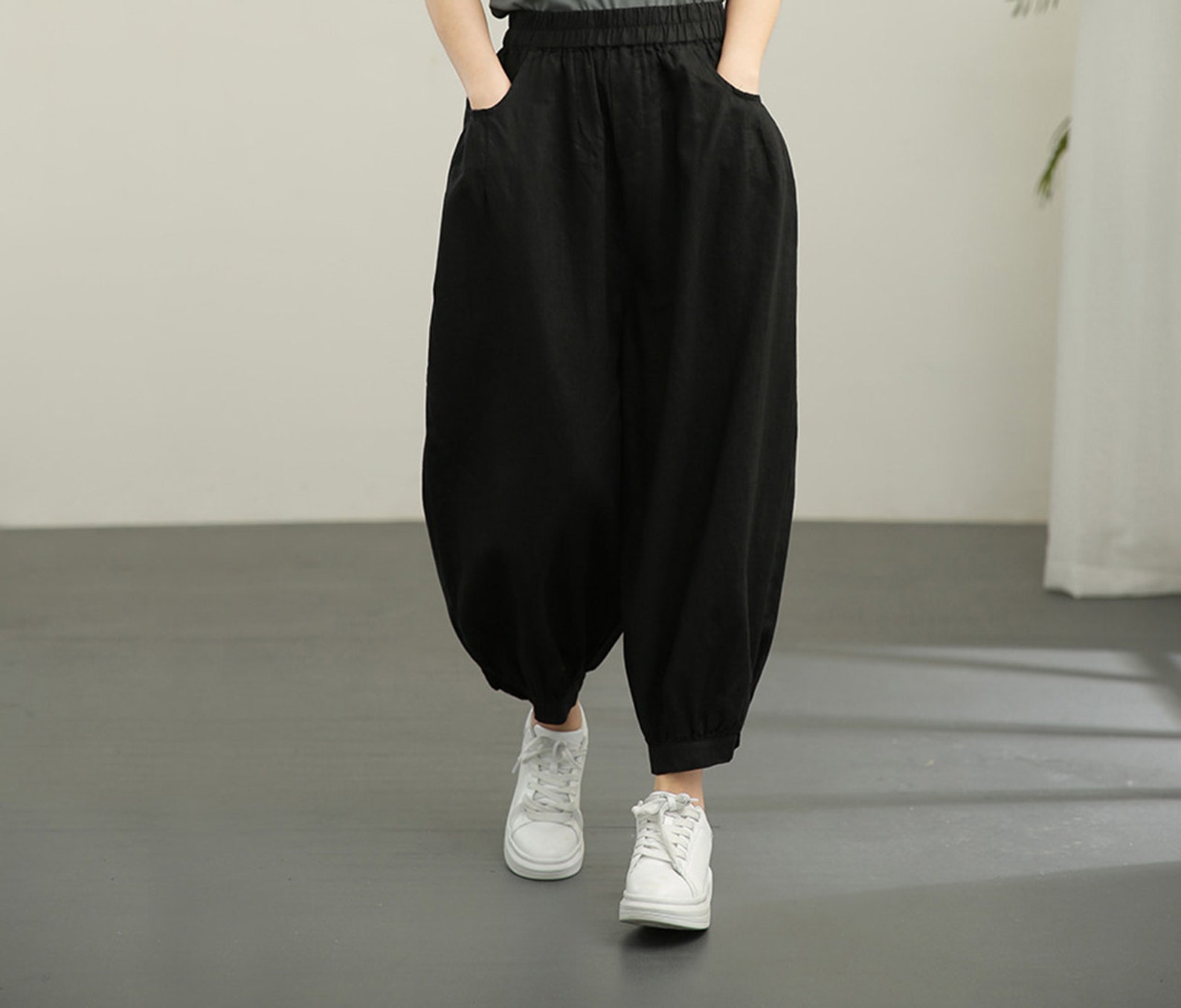 Women Summer Pure Color 100 Linen Harem Pants 9 main image 0