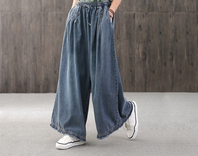 Large size blue casual jeanselastic waist denim wide-leg | Etsy