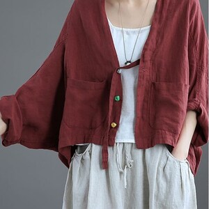 Single-breasted Dolman-sleeve Linen Women's Shirt, Vintage Linen Loose ...