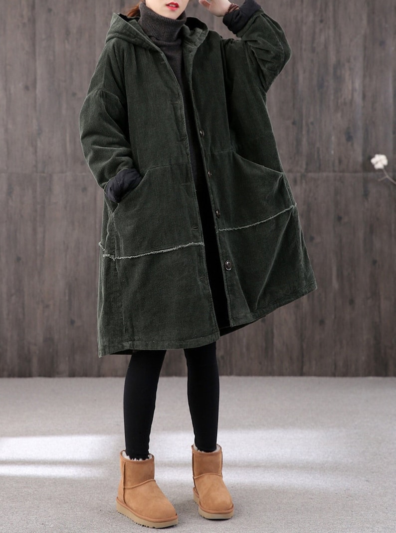 women's Winter long retro corduroy hooded casual coat, handmade large size loose coat, thick warm coat, 90S corduroy loose trench coat image 1