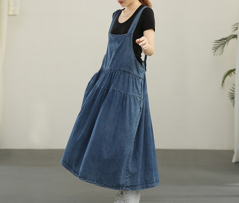 Robe d'été ample en jean pour femmes, robe en jean rétro, robe en jean à bretelles pour femmes en jean des années 80, robe en jean globale, robe en jean ample, robe en jean bleue image 1