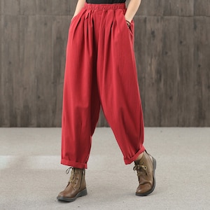 Women&#39;s large size elastic waist loose tapered solid color harem cropped cotton and linen pants, spring customizable handmade women&#39;s pants.