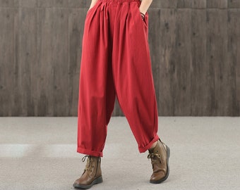 Large size women's casual pants, retro loose pants, cotton and linen trousers, elastic waist women's trousers, larp pants, red pants