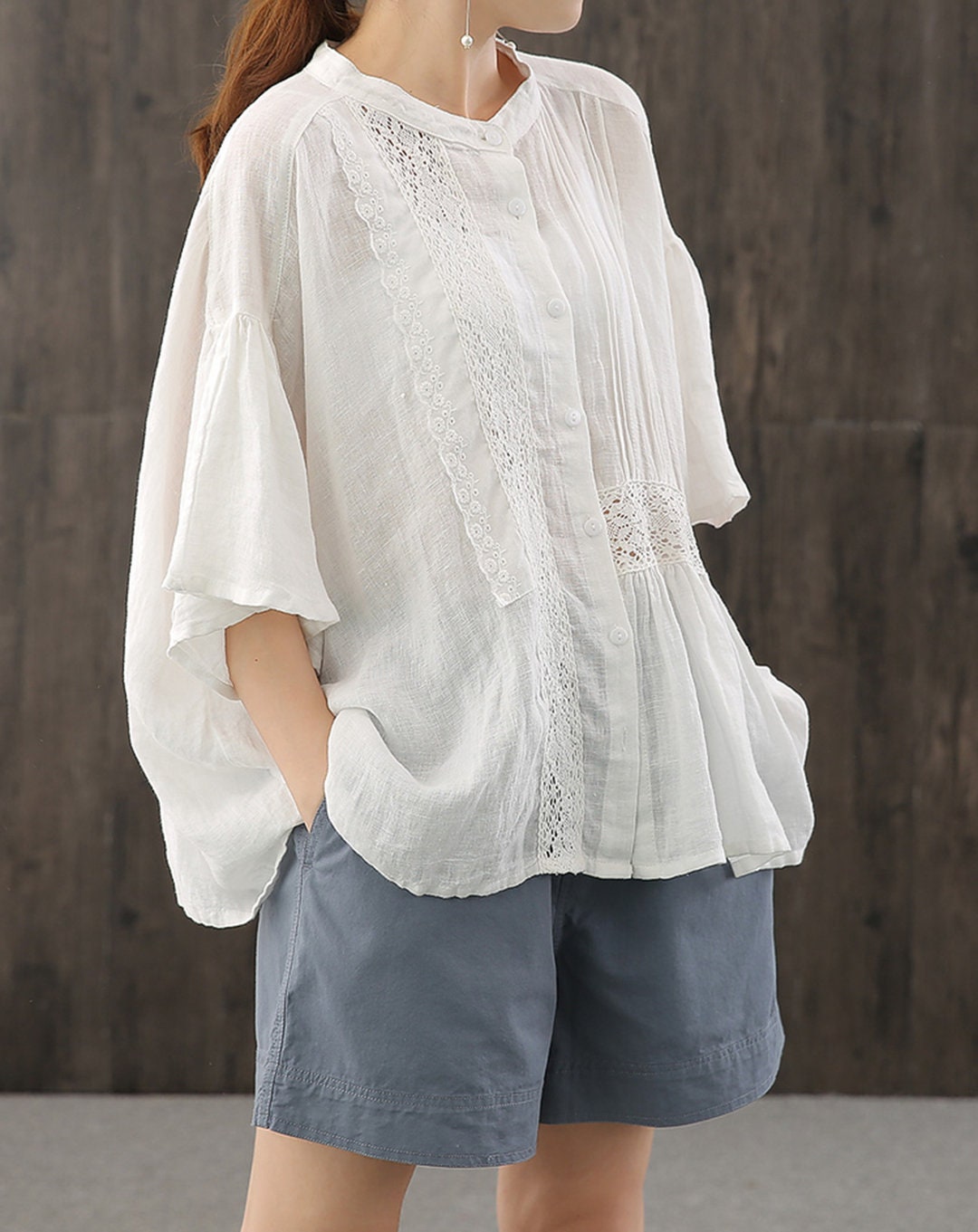 Women's Asymmetric Linen Top, Lace-trimmed Short-sleeved Linen Shirt, Lotus  Leaf Sleeve Stand Collar Women Shirt, Loose Casual Lady's Shirt 