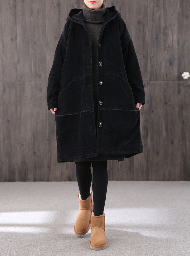 women's Winter long retro corduroy hooded casual coat, handmade large size loose coat, thick warm coat, 90S corduroy loose trench coat image 10
